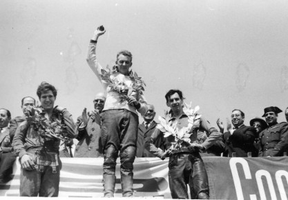 1964 Spanish Grand Prix...Torsten on the top podium...familar sight, second to the right is Don Rickman a Bultaco rider and John Griffiths from England riding on a Greeves